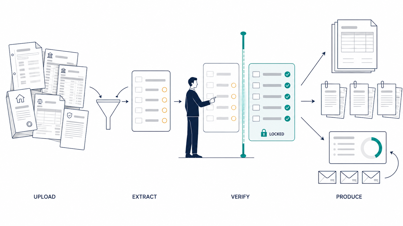 Trust funding pipeline: agent-authored documents are uploaded, extracted into a checklist, verified and locked by a reviewer, then produced as Word packets ready to mail.